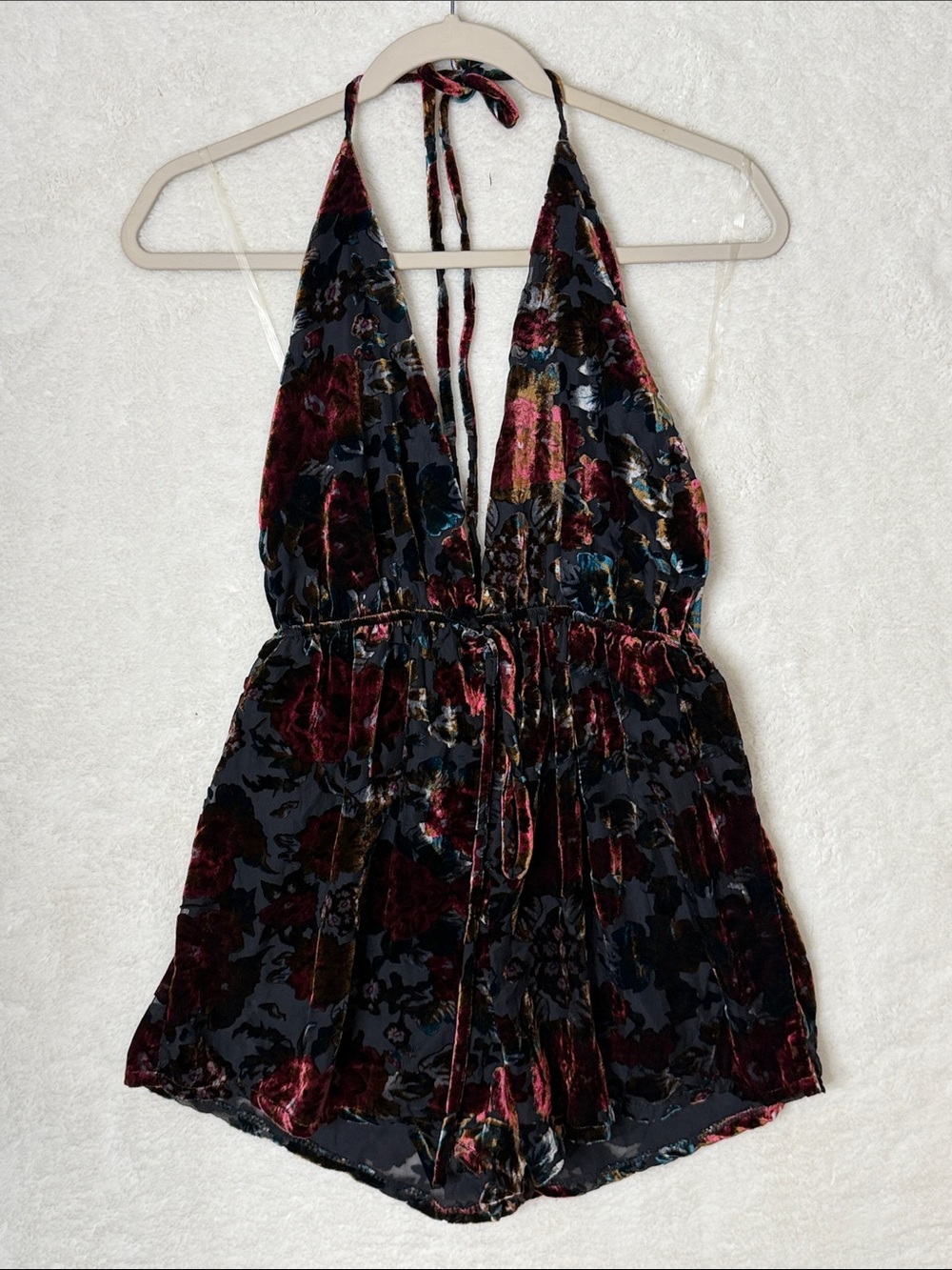 Maverick Plunge Velvet Floral Halter Romper Shorts Black Burgundy Tie Back Small